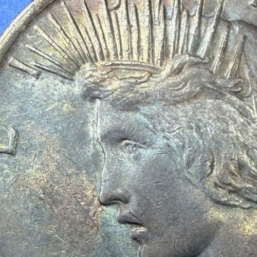 1923 Peace Silver Dollar AU Blue Rainbow Toner Major Die Crack Rim Cud Error $1