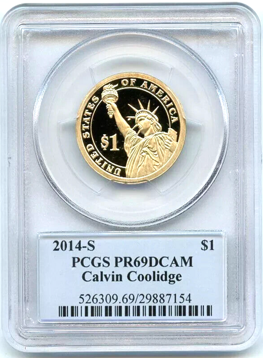 โ
2014 S $1 Calvin Coolidge Dollar PCGS PR69 DCAM Presidential Dollar Coin Photo