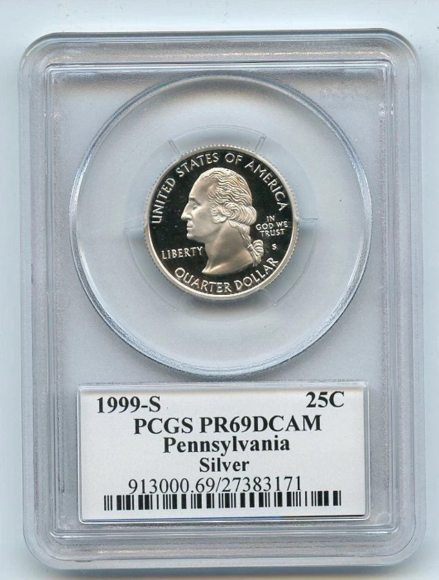 ✅ 1999-S Pennsylvania 90% SILVER Washington Quarter ~ PCGS PR69DCAM State Flag