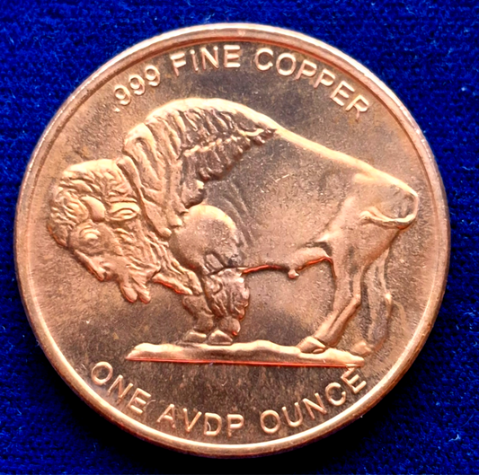 1 AVDP oz .999 Fine Copper Round - Buffalo Nickel Indian Head Design