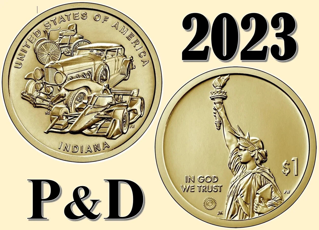 Set of 2 - P & D - 2023 INDIANA American Innovation $1 Coins From Mint Rolls