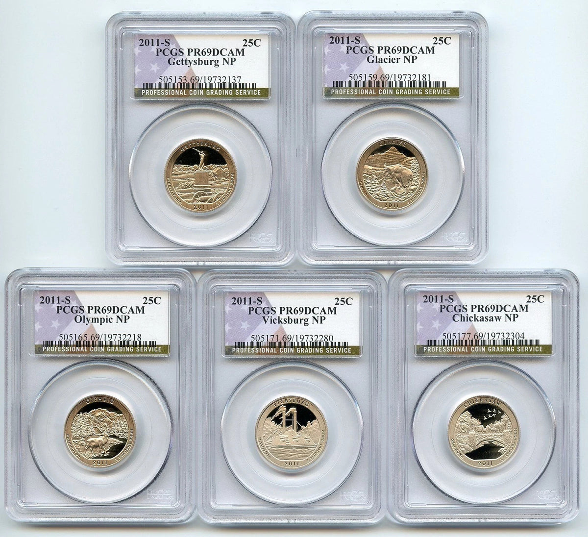 2011 S National Parks Washington Quarter 5 Coin Set PCGS PR69DCAM NP Flag Label