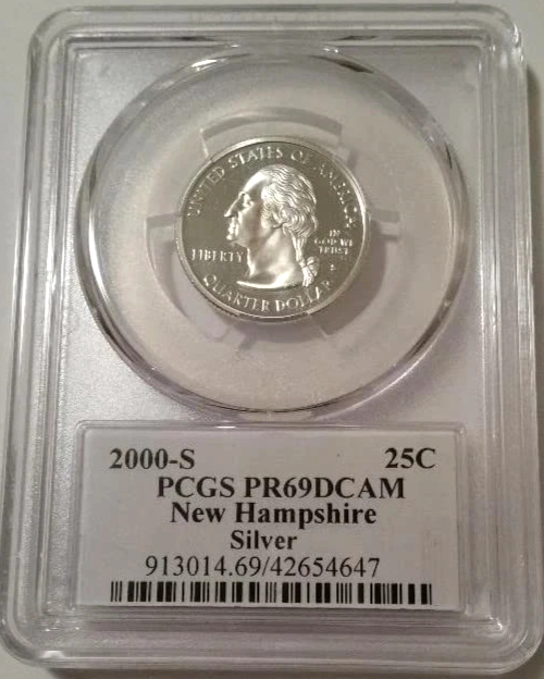 ✅ 2000-S New Hampshire 90% SILVER Washington Quarter ~ PCGS PR69DCAM State Flag