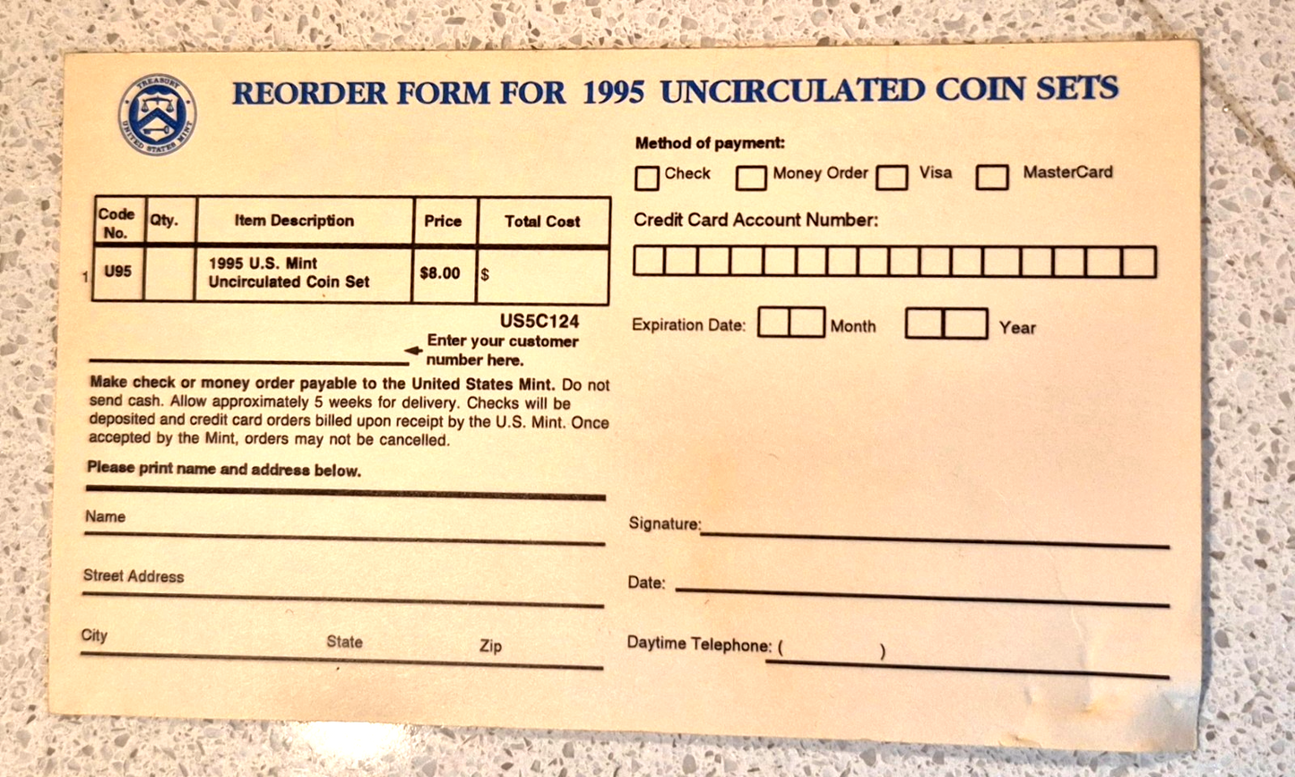 1995 P&D U.S Mint Set Uncirculated BU Coins OGP and Hard to Find Re-Order Card
