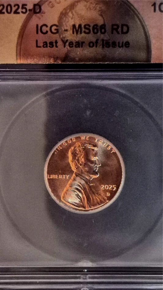 2025-D Lincoln Penny ICG MS66 RD - Last Year of Issue - Union Shield Final Year