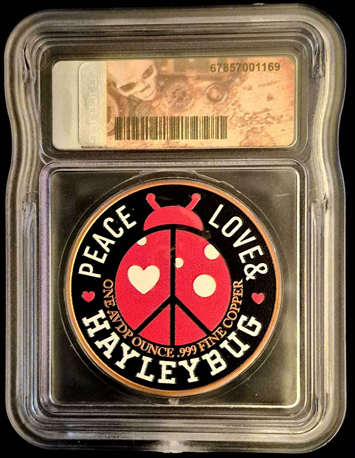 ICG MS70 Pirate 1oz Copper Colorized Medal Peace Love Hayleybug Colorized Copper