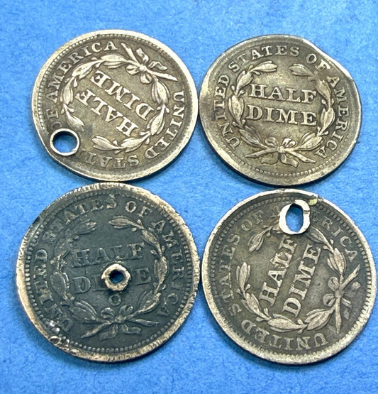 LOT of 4 1857 Seated Liberty Half Dime 90% Silver Holed Clipped Hole Fillers
