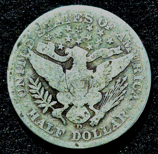 1907 D Barber Half Dollar 90% Silver 50C Good+ Circulated Features 50C