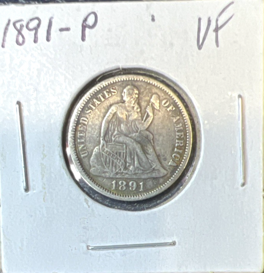 💥 1891 Very Fine Liberty Seated Dime 90% Silver 10c Coin Full Liberty Last Year