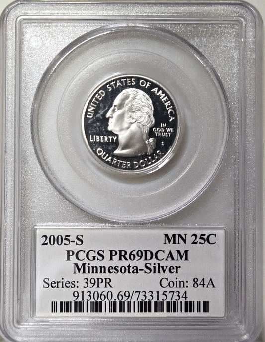 β
2005-S Minnesota 90% SILVER Washington Quarter ~PCGS PR69DCAM State Flag Label