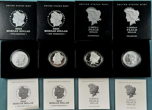 {4 Coin Set} 2023 Morgan & Peace Silver Dollars Unc & Proof OGP BOX COA .9999