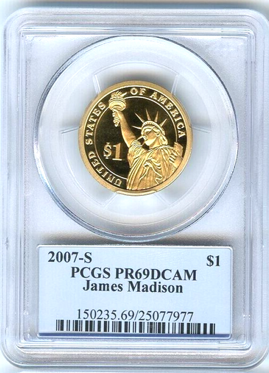 โ
2007-S $1 James Madison PCGS PR69 DCAM Presidential Dollar Coin Photo Label
