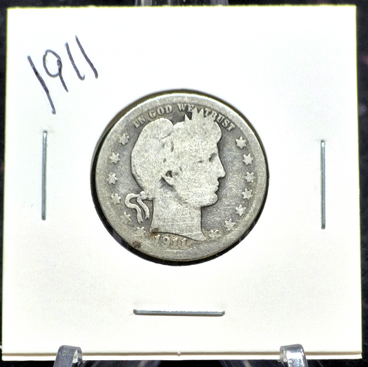 1911 Barber Silver Quarter 90% SILVER Coin Good+ Circulated Features 25C