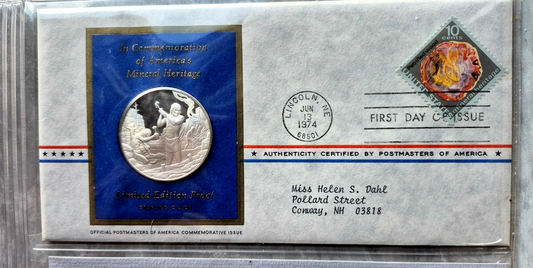 1974 Postmasters of America Mineral Heritage Sterling Silver Proof Medal FDC Set