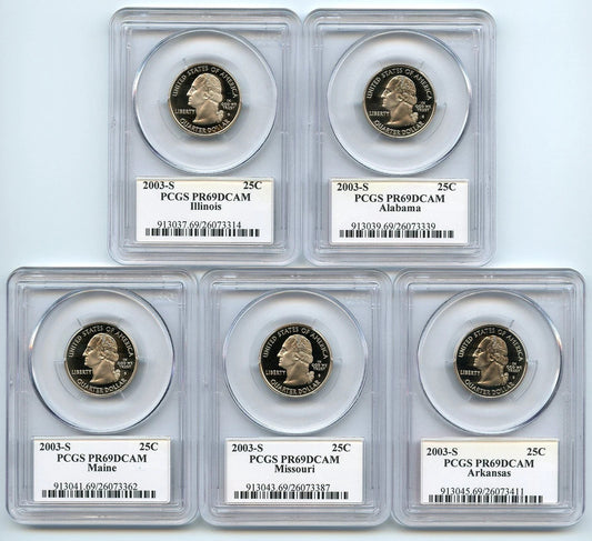 π₯ 2003 S 5 Coin State Quarter Set PCGS PR69DCAM IL AL ME NO AR Flag Labels