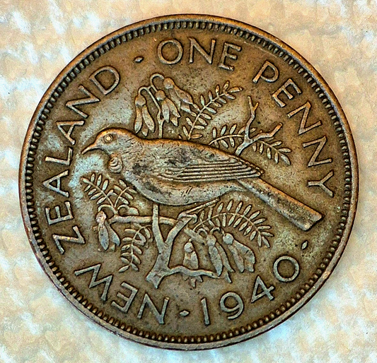 New Zealand 1940 Bronze Penny BU Tui Bird AU Features