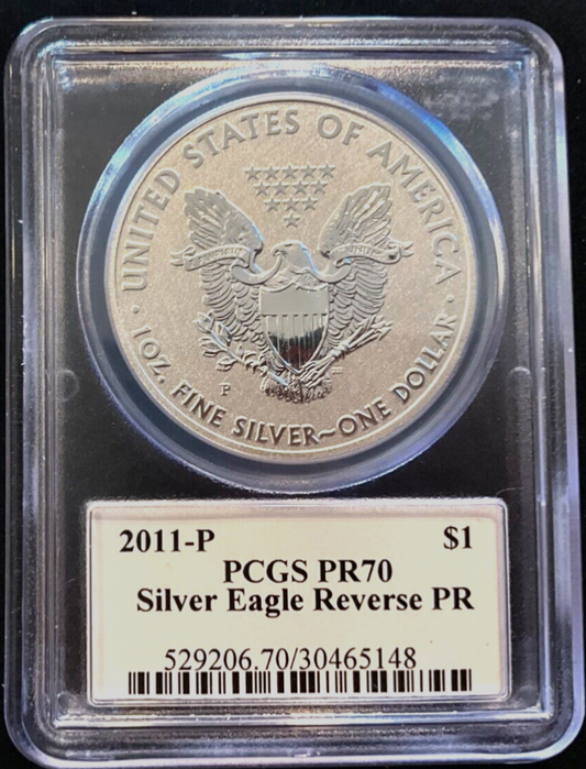 โ
2011-P Reverse Proof Silver Eagle PCGS PR70 JOHN MERCANTI Autographed Label