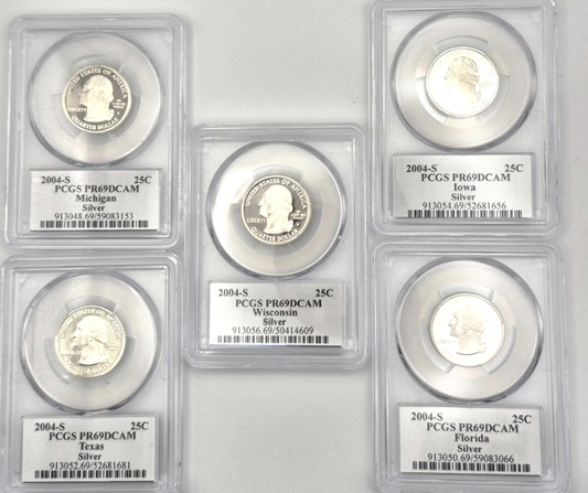 2004 S State Quarter Set 90% Silver PCGS High Graded PR69DCAM (FL/MI/TX/IA/WI)