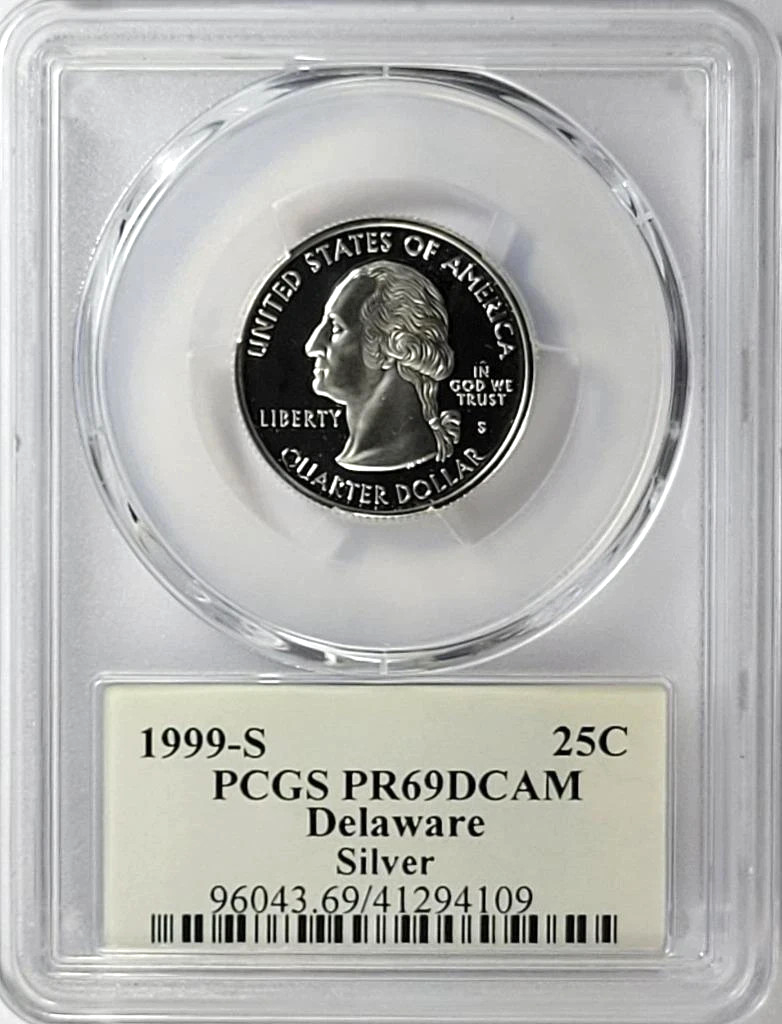 ✅ 1999-S Delaware 90% SILVER Washington Quarter ~ PCGS PR69DCAM State Flag Label