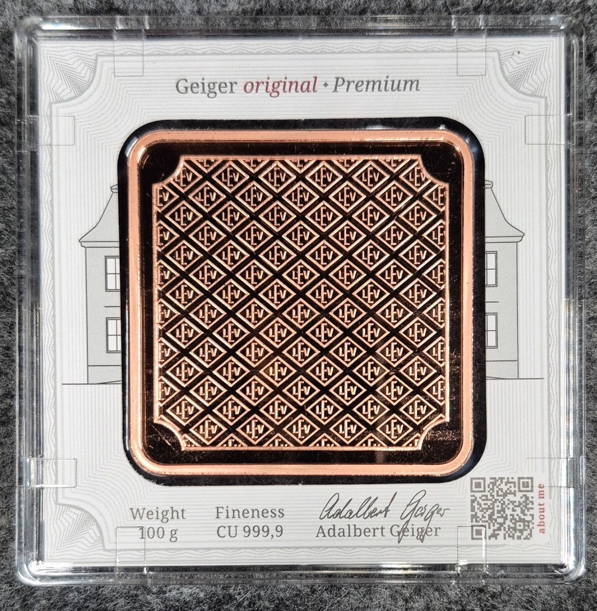 Geiger Edelmatalle Premium 100 Gram 9999 Copper Bar In Mint Assay 5000 Minted