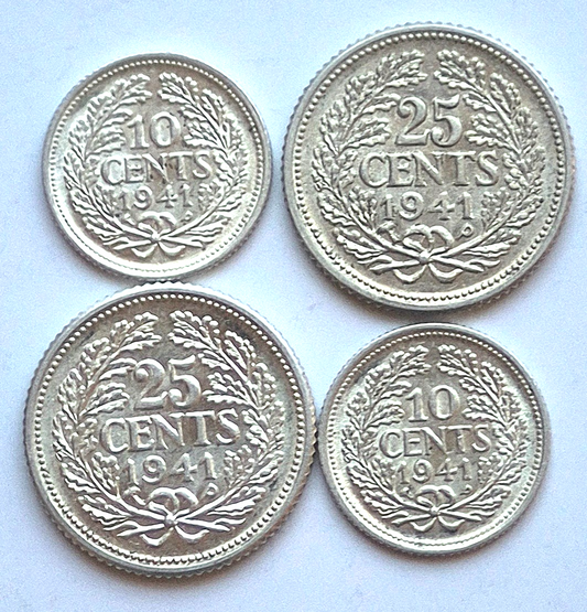 (4) CURACAO 1941-P .640 SILVER COINS (2) 10 CENTS & (2) 25 CENTS AU+ FEATURES