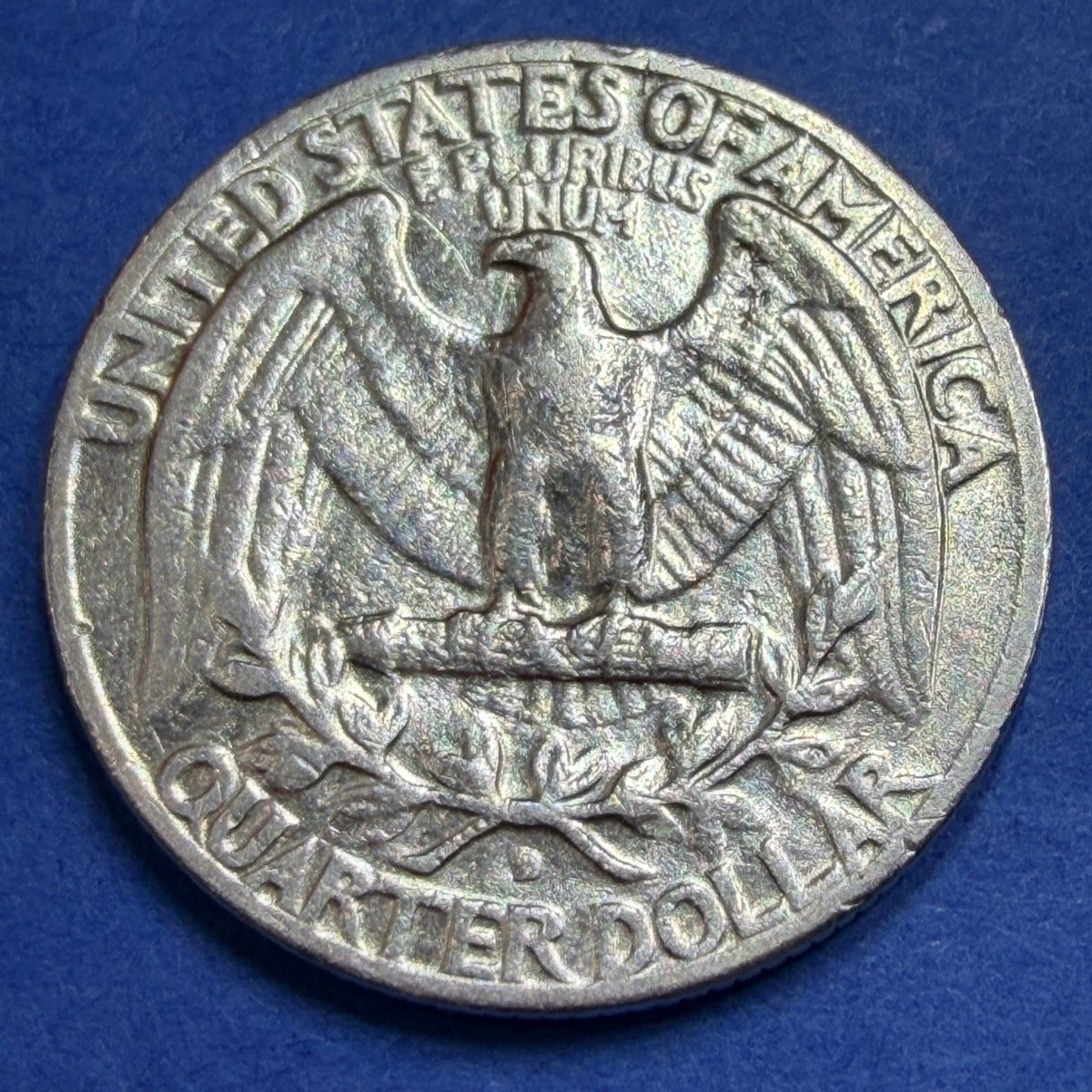 1954-D Washington Quarter 25C AU Rainbow Toned 90% Silver Denver Mint Coin