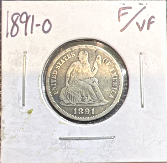 1891-O 10c Liberty Seated 90% Silver Dime Fine - Very Fine Features Actual Coin