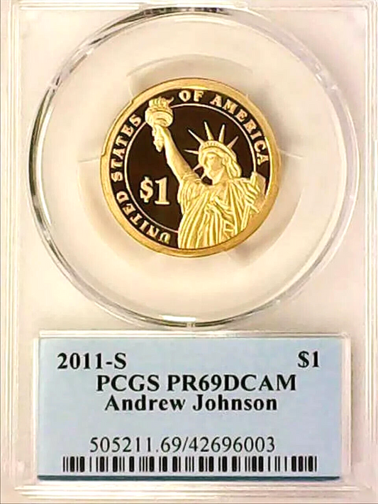 โ
2011-S $1 Andrew Johnson PCGS PR69 DCAM Presidential Dollar Coin Photo Label