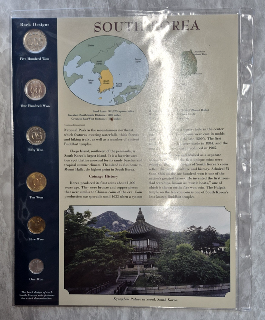 South Korea 6 Coin Set Sheet 1 5 10 50 100 500 Won 1983-2005 Uncirculated Korean