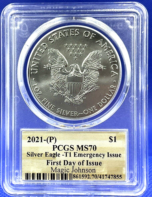 🏀 2021 (P) MAGIC JOHNSON AUTOGRAPH .999 $1 Silver Eagle PCGS MS70 FDOI POP 21