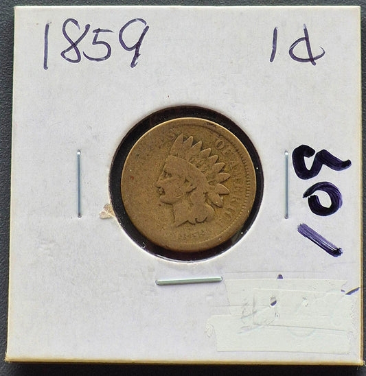 1859 INDIAN CENT FIRST YEAR G+ FEATURES TYPE ONE LAUREL WREATH REVERSE 1C
