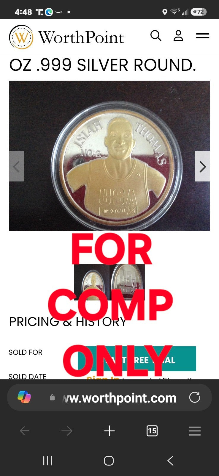 1992 Dream Team Isiah Thomas No. 2, 1 oz .999 Silver Round, #109 of 1,000, Toned