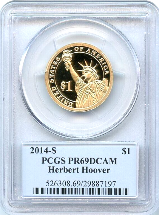✅ 2014 S Herbert Hoover Presidential Dollar PCGS PR69DCAM Photo Label