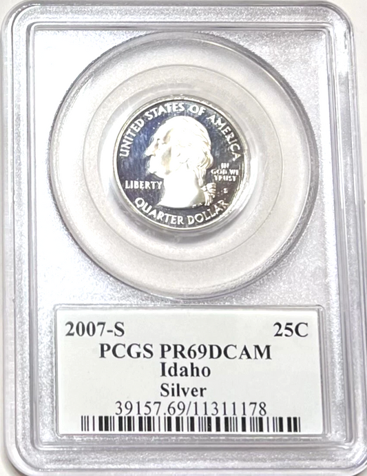✅ 2007-S Idaho 90% SILVER Washington Quarter ~ PCGS PR69DCAM State Flag Label