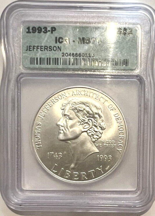 1993 P Thomas Jefferson Silver Dollar (ICG) MS 70 $1 Coin 250th Anniversary OGH