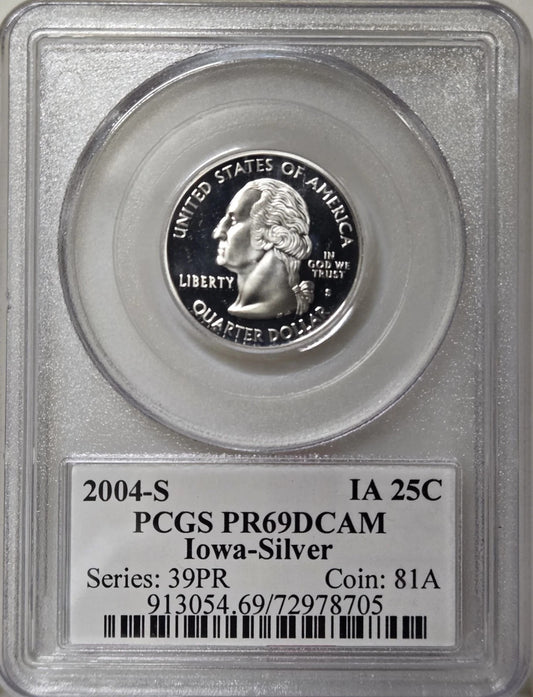 ✅ 2004-S Iowa 90% SILVER Washington Quarter ~PCGS PR69DCAM State Flag Label