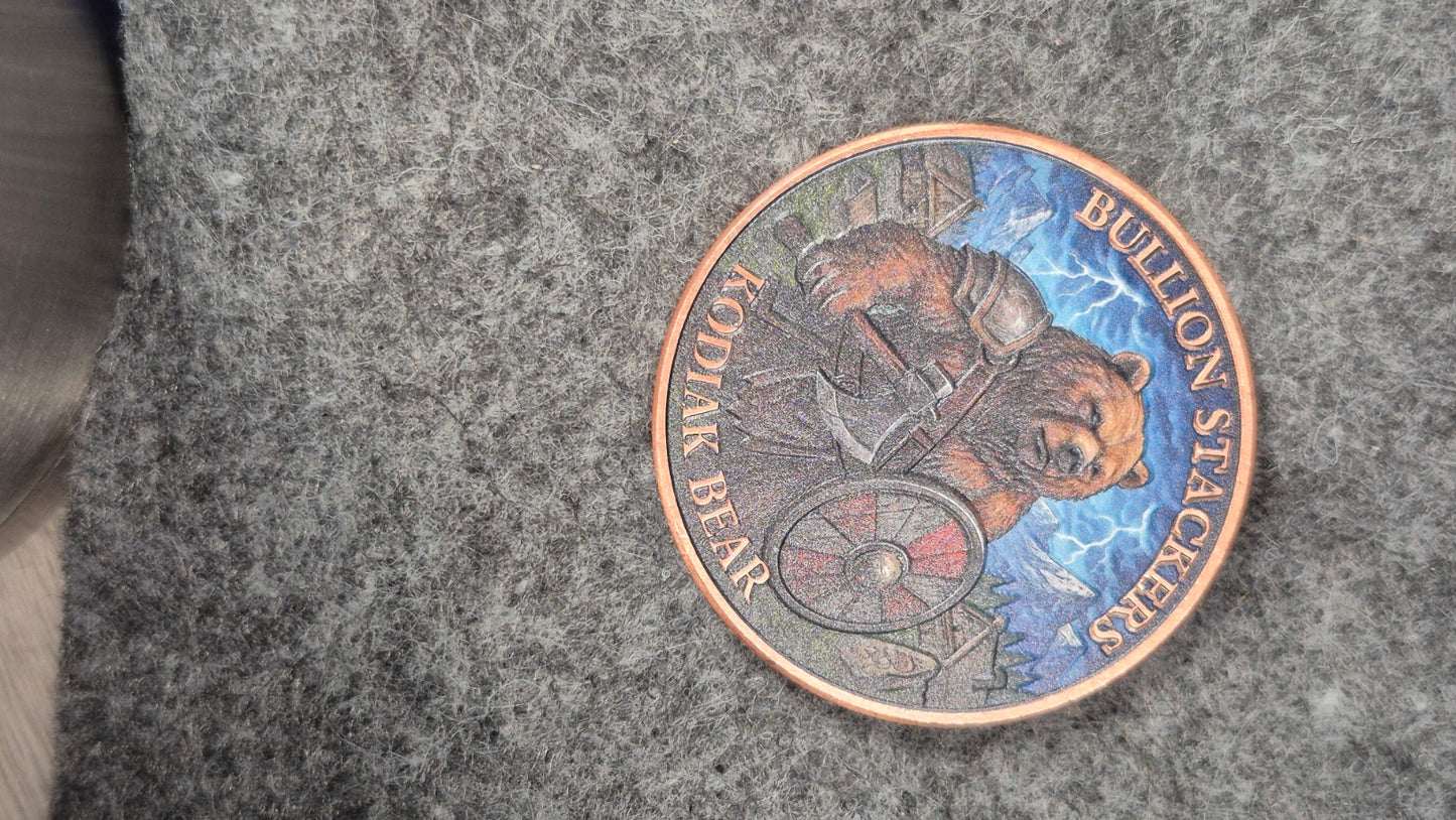 Bullion Stackers Kodiak Bear 1 oz Colorized Copper Round Uncirculated Medal