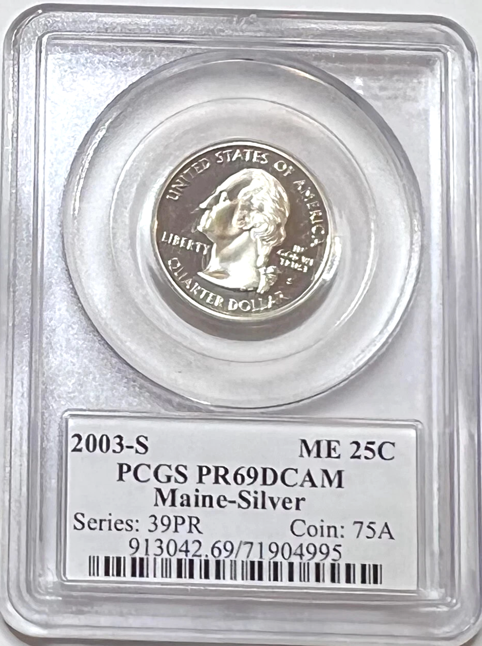 ✅ 2005-S Maine 90% SILVER Washington Quarter ~ PCGS PR69DCAM State Flag Label