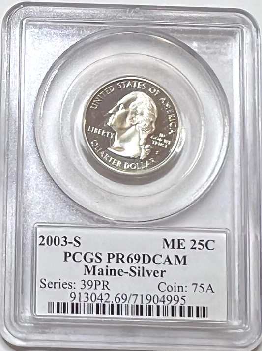 β
2005-S Maine 90% SILVER Washington Quarter ~ PCGS PR69DCAM State Flag Label