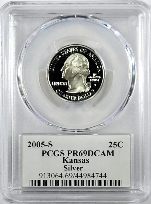 ✅ 2005-S Kansas 90% SILVER Washington Quarter ~ PCGS PR69DCAM State Flag Label