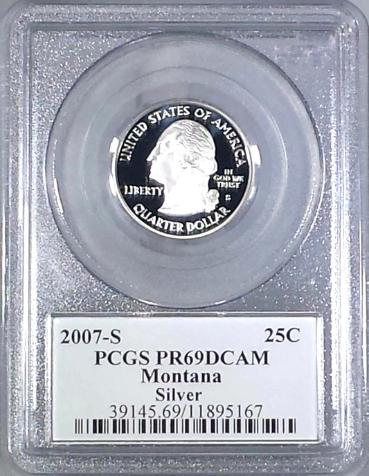 ✅ 2007-S Montana 90% SILVER Washington Quarter ~ PCGS PR69DCAM State Flag Label