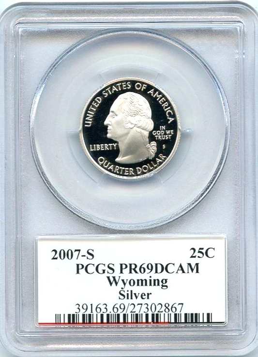 โ
2007-S Wyoming 90% SILVER Washington Quarter ~ PCGS PR69DCAM State Flag Label