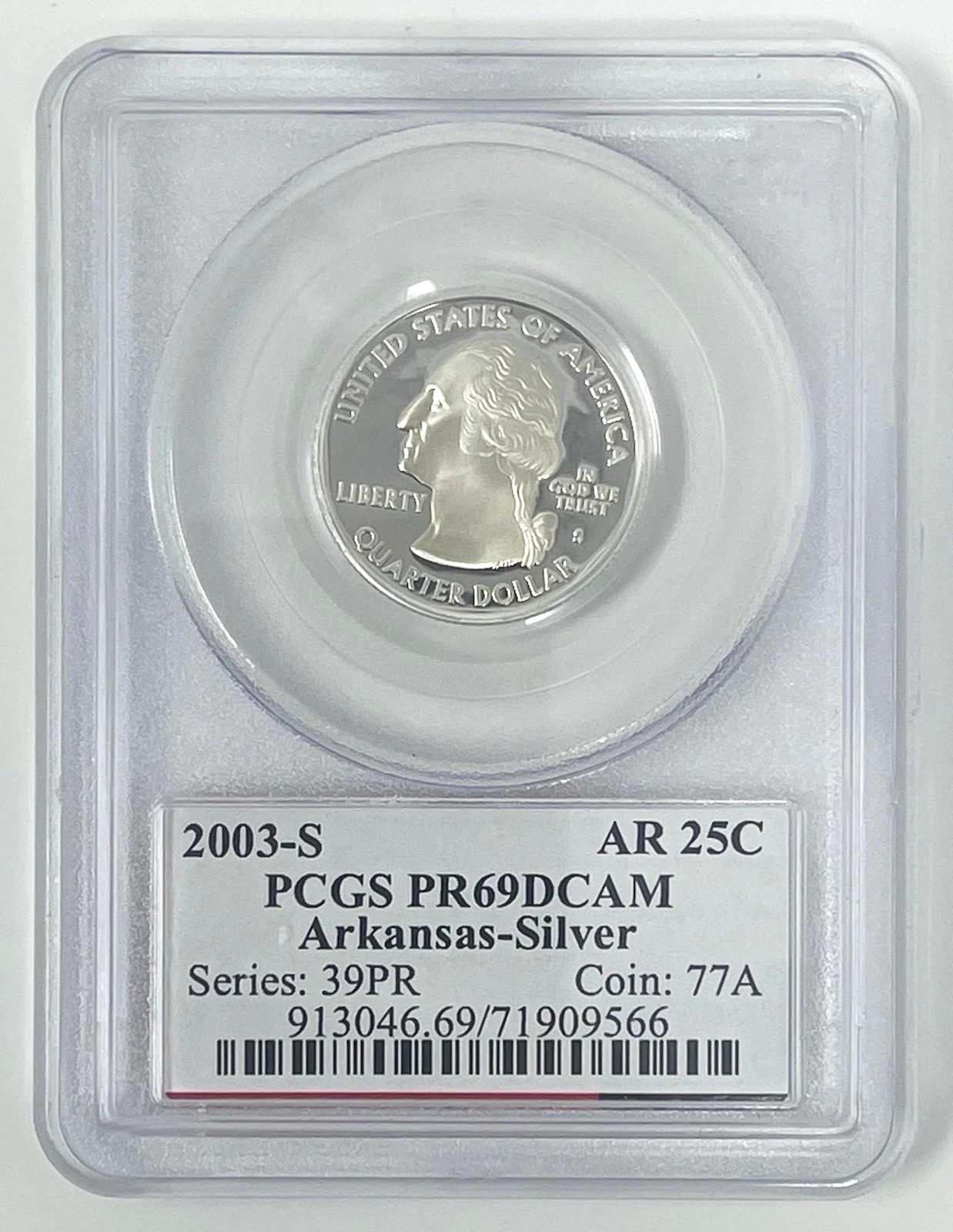 ✅ 2003-S Arkansas 90% SILVER Washington Quarter ~PCGS PR69DCAM State Flag Label