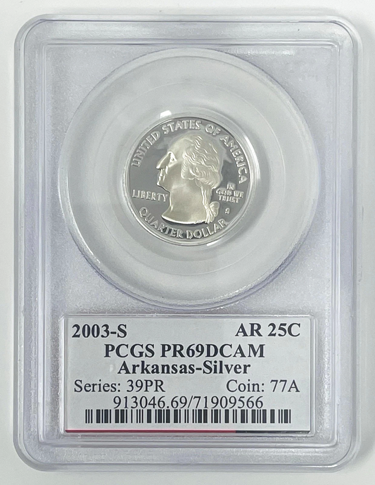 ✅ 2003-S Arkansas 90% SILVER Washington Quarter ~PCGS PR69DCAM State Flag Label