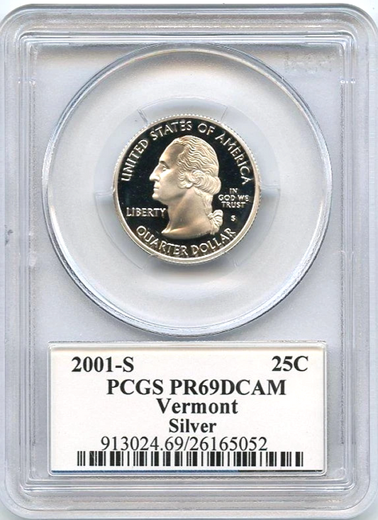 β
2001-S Vermont 90% SILVER Washington Quarter ~ PCGS PR69DCAM State Flag Label