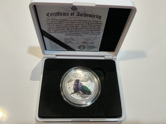 2021 Dominica $2 COLORIZED Sisserou Parrots 1 oz .999 PURE SILVER Proof, Box/COA