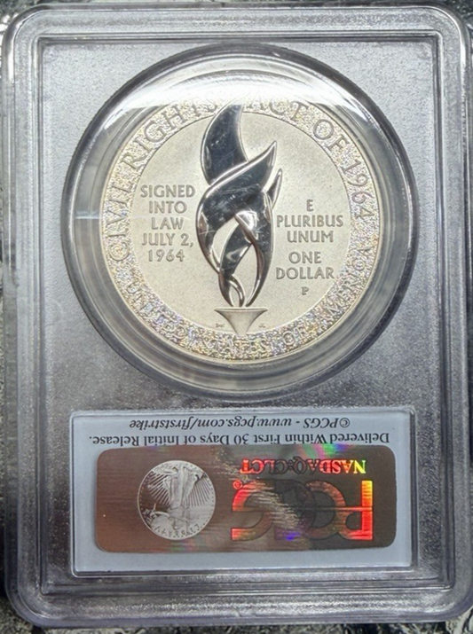 2014-P PCGS PR70 Civil Rights Act 90% Silver Dollar FIRST STRIKE Flag Label