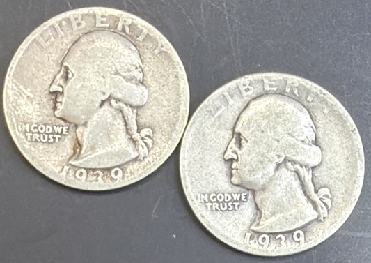 1939-S&D Washington Quarters 90% Silver Coins KEY DATES 2 Coin Set #1418