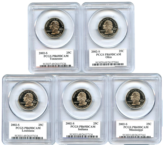 2002 S 5 Coin State Quarter Set PCGS PR69DCAM TN OH LA IN MS Seal & Flag Label
