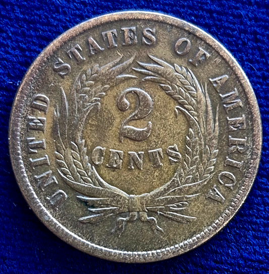 1864 2 Cent Piece Fine+ Features, Large Motto, Civil War Era, 1st With Motto